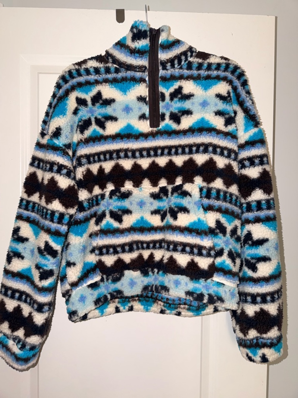 aerie Sherpa Half-Zip Pullover Sweater - Blue, Black & White